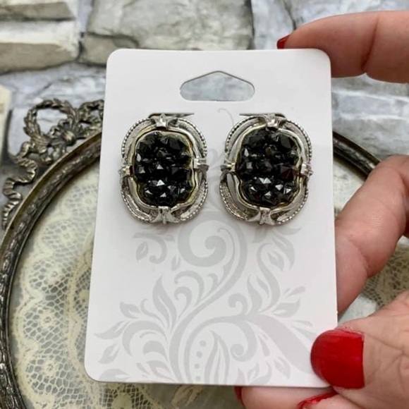 Vintage Signed Whiting Davis Black Hematite Geode Cabochon Silver Clip Earrings - Picture 3 of 9